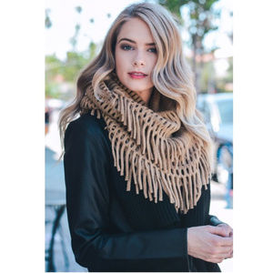 ❤️5/$15💚Brown Knit Crochet Openwork Chenille Bulky Infinity Scarf with Fringe